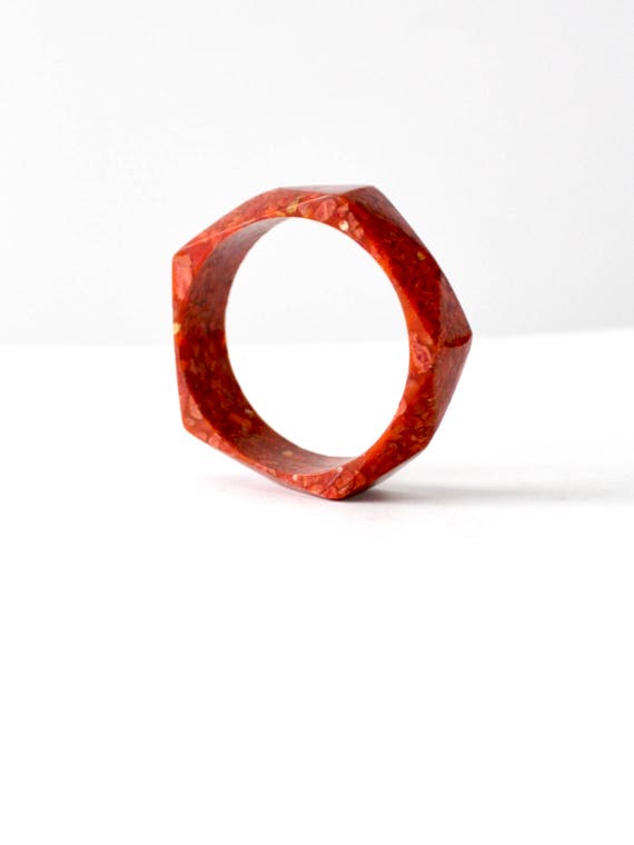 vintage chunky bangle, red resin geometric bracele