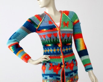 vintage 1970s crotchet hippie cardigan, rainbow butterfly sweater