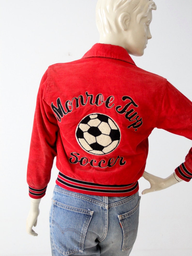 1980s soccer jacket, vintage red corduroy coat, school sport jacket image 1