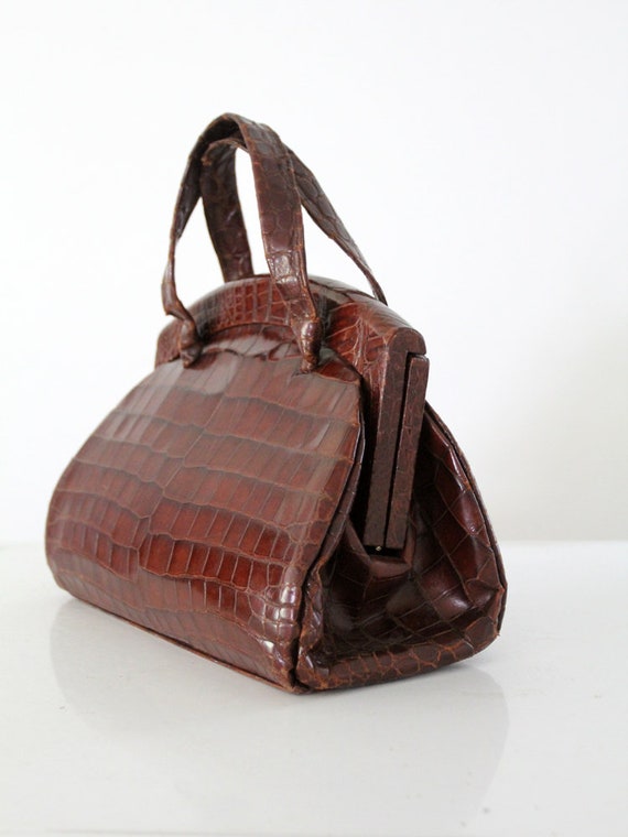 vintage 50s reptile leather bag, frame top handle… - image 7
