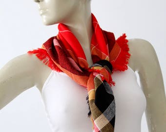 vintage plaid scarf, 1960s red black and tan woven fringe head scarf