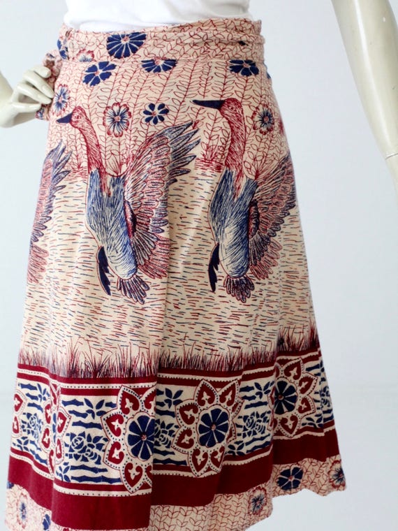 1970s India cotton wrap skirt, bird print - image 3