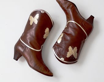 vintage Italian leather butterfly boots, high heel boots women's size 8