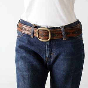 1970s tooled leather belt, vintage brown belt with blue floral