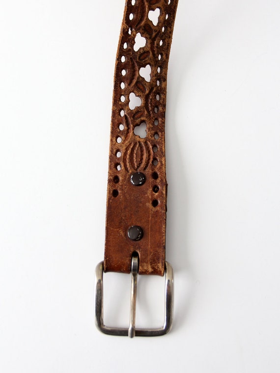 1970s leather belt, vintage cut out brown belt - image 3