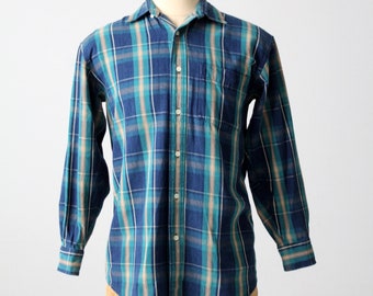 vintage geruit overhemd, blauwe katoenen button-up