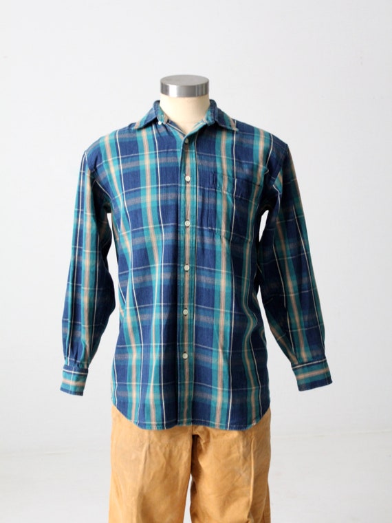 vintage plaid shirt, blue cotton button up - image 1