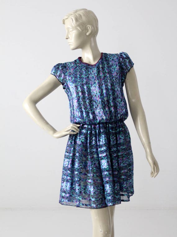 vintage 80s mini dress by Mavinette, blue faux sil