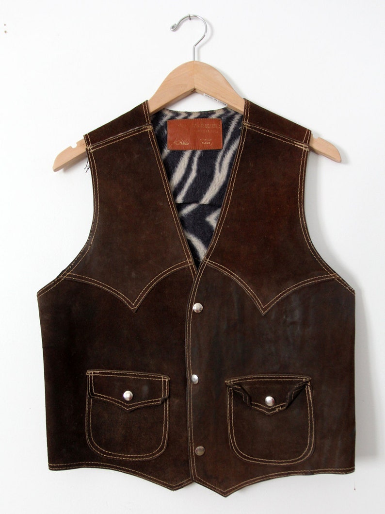 1970s leather biker vest, vintage brown suede rocker vest image 2
