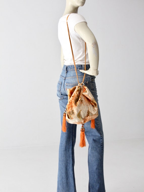 vintage velvet handbag, floral drawstring tassel … - image 4