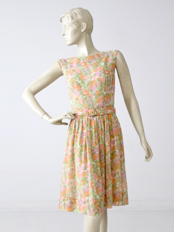 1960s floral dress with belt, watercolor garden p… - image 2