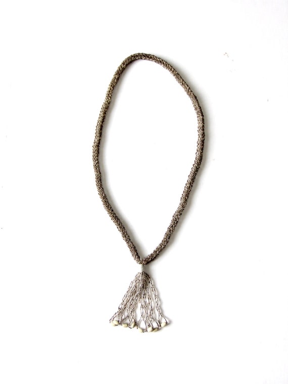 vintage beaded tassel necklace, silver flapper sty