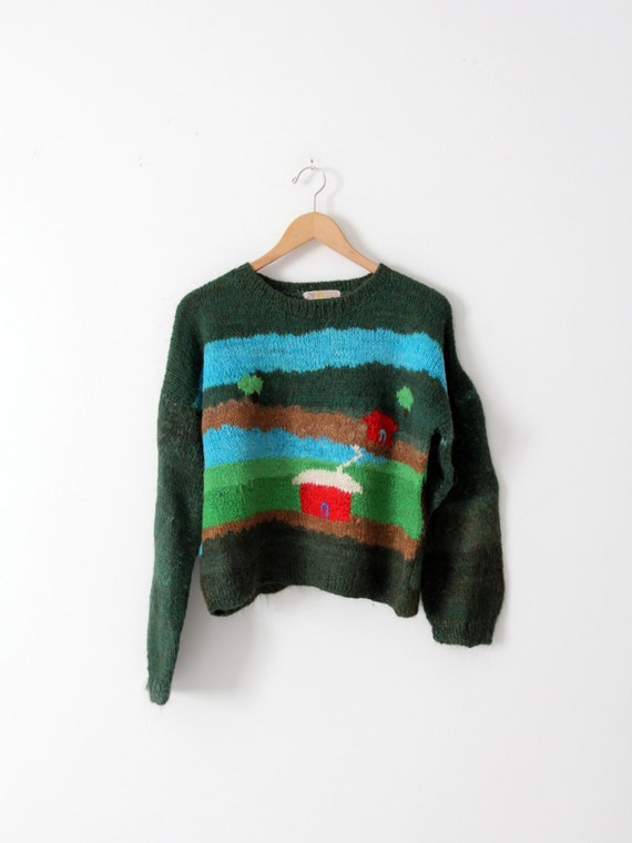 vintage novelty pattern sweater, green wool pullov