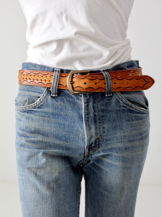 vintage tooled leather belt, 70s brown woven leath