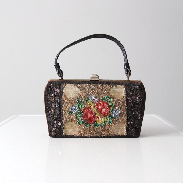 Caron of Houston handbag - 1960s black satin beaded top handle bag