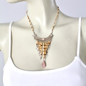 vintage boho filigree necklace, pink quartz drop necklace