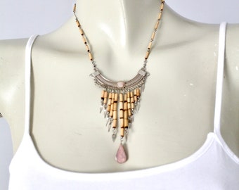 vintage boho filigree necklace, pink quartz drop necklace