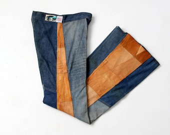 1970s Antonio Guiseppe jeans, denim and leather patchwork bell bottoms, 27 x 34