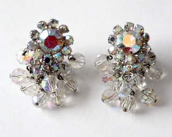 1950s rhinestone chandelier drop earrings, vintage clip earrings