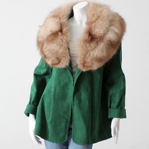 vintage green faux suede coat with fur collar