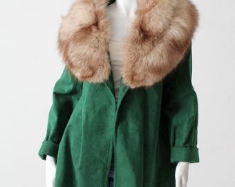 vintage groene nepsuède jas met bontkraag