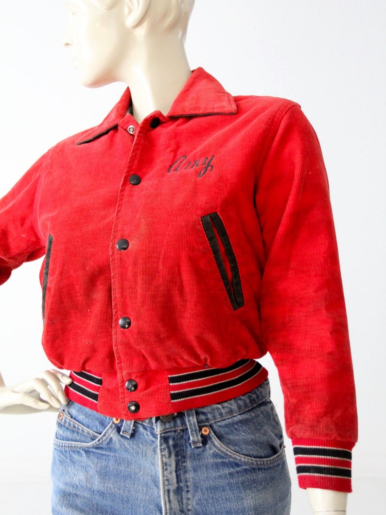 1980s soccer jacket, vintage red corduroy coat, school sport jacket image 4