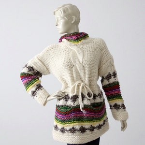 vintage 70s hoodie sweater,  chunky knit boho sweater, drawstring pullover jumper
