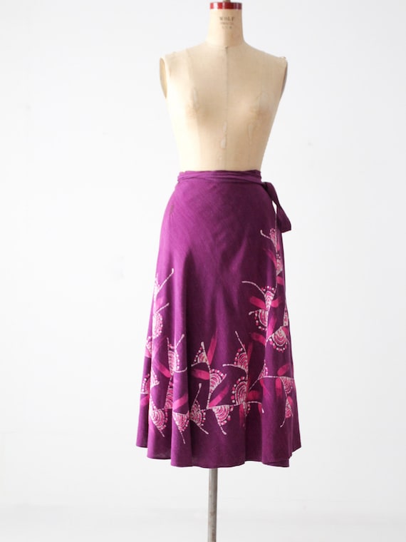 vintage 70s wrap skirt, tropical purple skirt