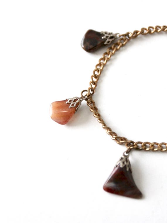 vintage stone charm bracelet, linked chain agate … - image 2