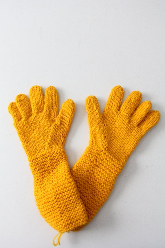 vintage hand knit gloves, yellow knitwear, long kn