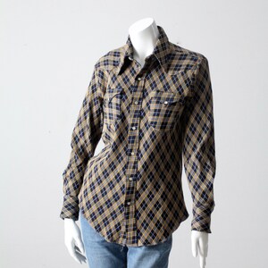 vintage 70s navy blue plaid western shirt size M