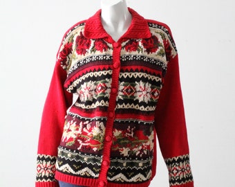 vintage 90s Christmas sweater, red holiday knit cardigan