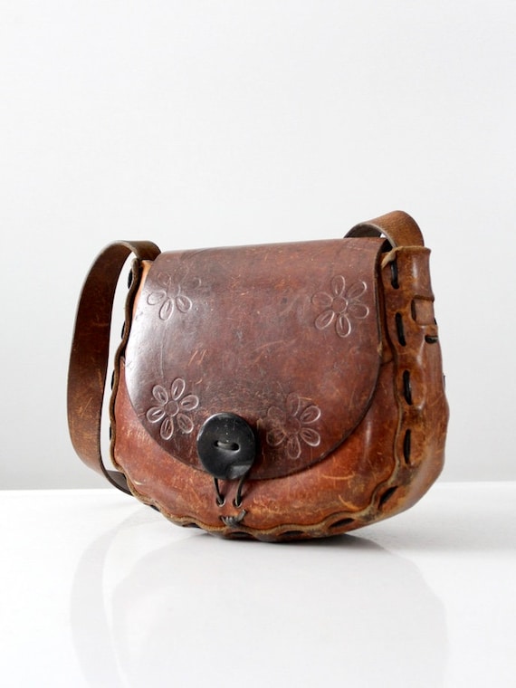 ON RESERVE / HOLD for Y. 1970s Leather Handbag Hippie Tooled 