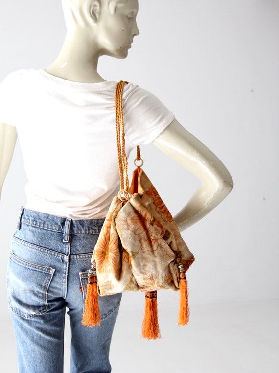 vintage velvet handbag, floral drawstring tassel … - image 10