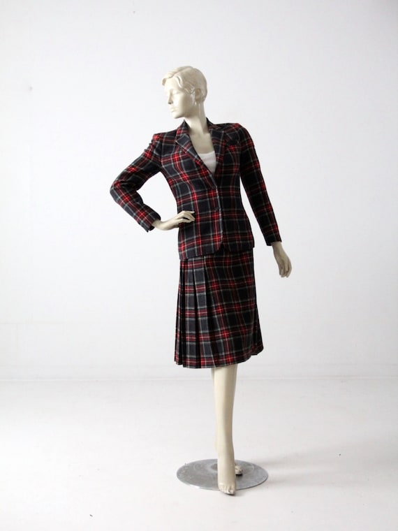 vintage 70s Pendleton skirt suit, wool plaid skir… - image 1