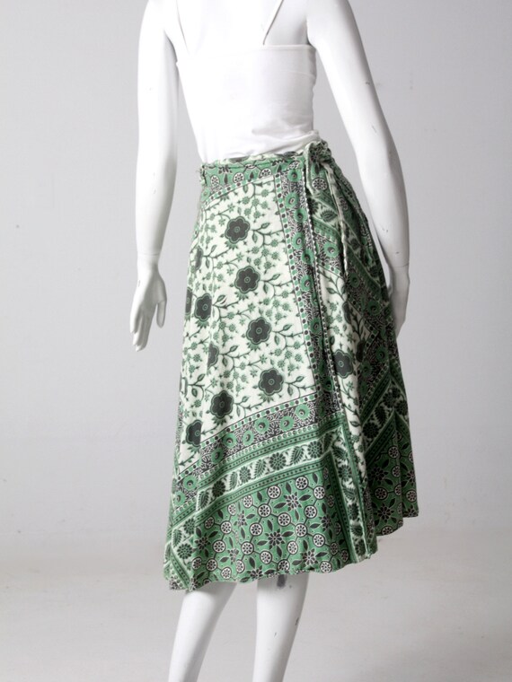 vintage 70s wrap skirt, boho green block print sk… - image 10