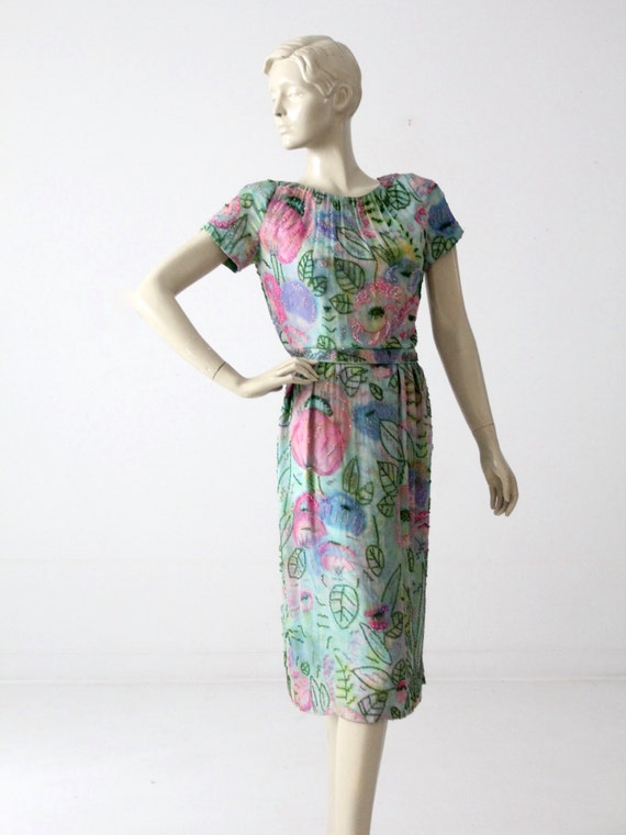 1960s beaded watercolor dress, vintage chiffon se… - image 2