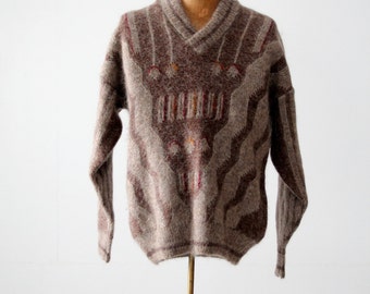 vintage men's pullover sweater with shawl collar, geometric pattern mohair sweater