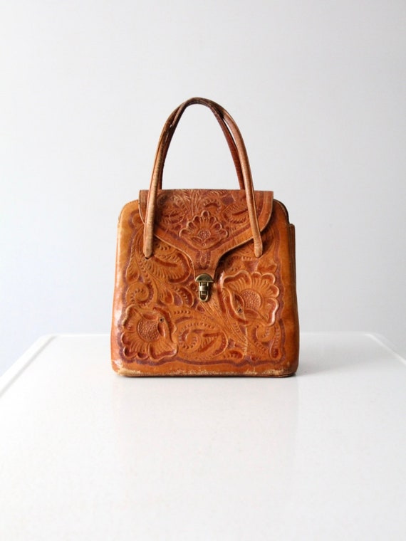 vintage tooled leather bag, southwestern top handl