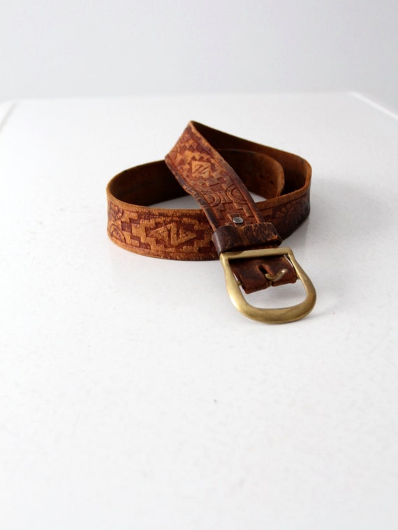 vintage tooled leather belt, brown leather belt wi