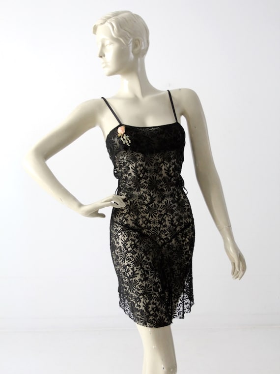 1930s black lace negligee slip, vintage nightie li