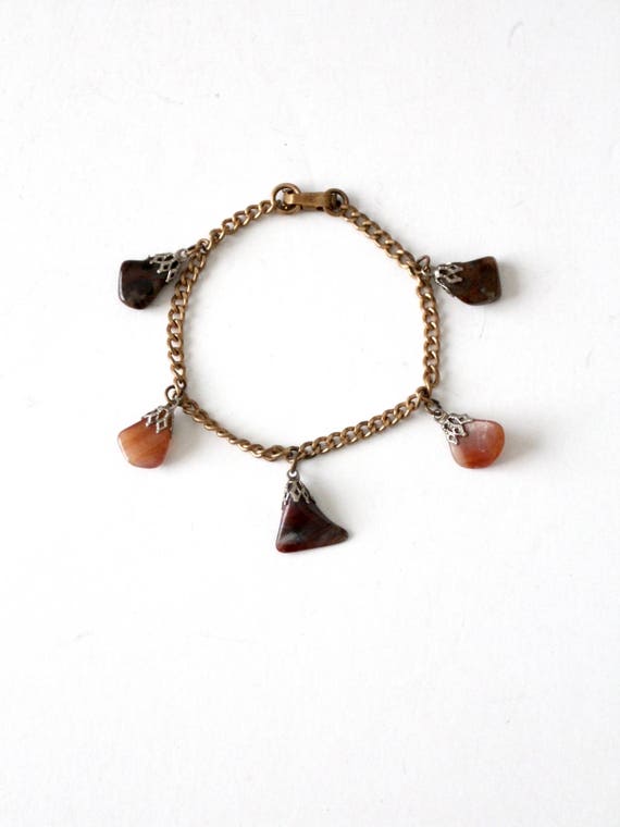 vintage stone charm bracelet, linked chain agate c