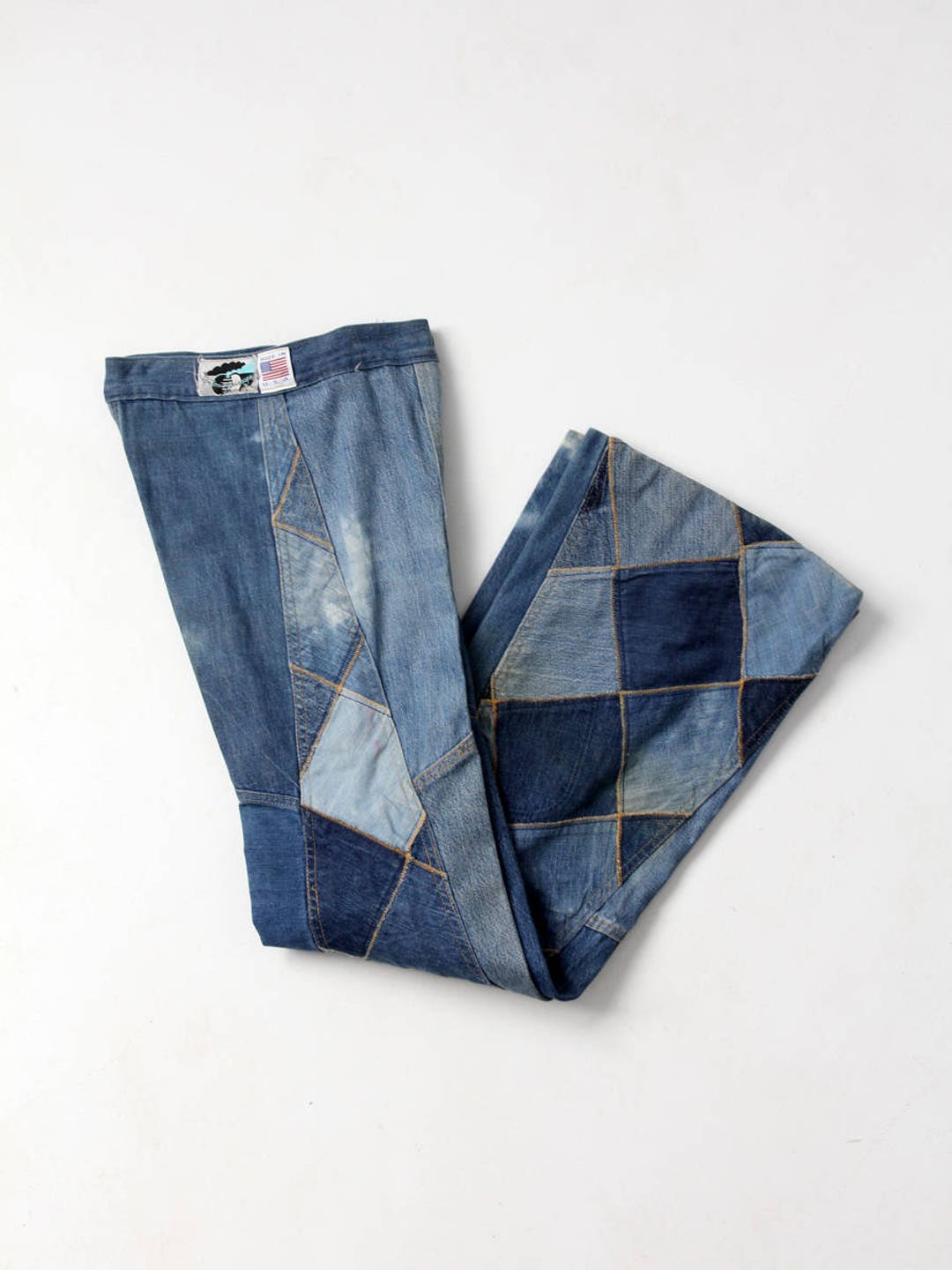 1970s Antonio Guiseppe Jeans, Denim Patchwork Bell Bottoms, 26 X