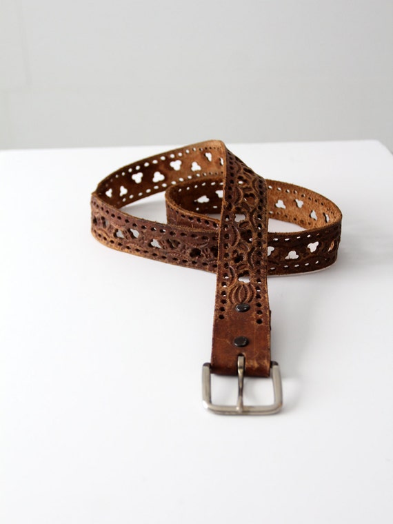 1970s leather belt, vintage cut out brown belt