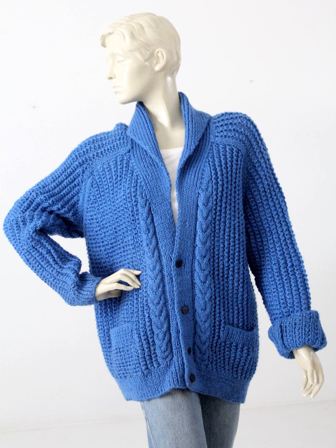 Vintage handknit cardigan blue chunky knit sweater Etsy
