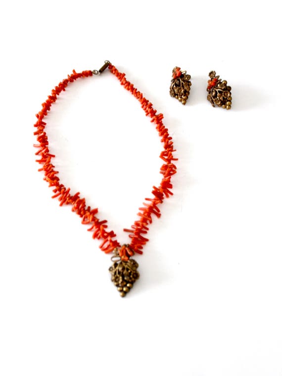 vintage Edwardian branch coral and bronze jewelry… - image 2