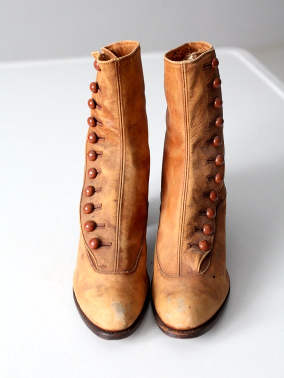 Edwardian leather boots - tan side button up boots - image 6