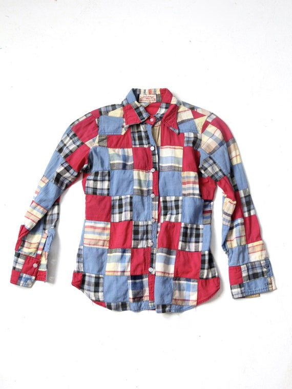 vintage 70s plaid patchwork button down shirt