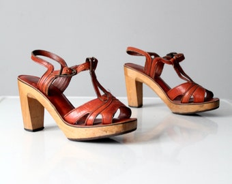 vintage 70s wood platform leather slingback sandals