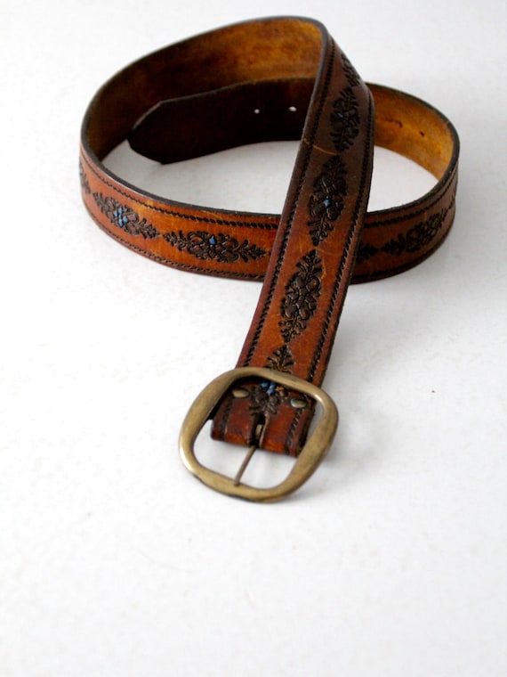 1970s Tooled Leather Belt, Vintage Brown Belt With Blue